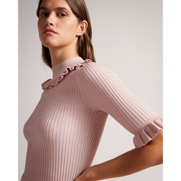 Ted Baker Women's Fitted Top Frill Neck Detail in Pink, Katella Size 1/US 4 New - Picture 2 of 12